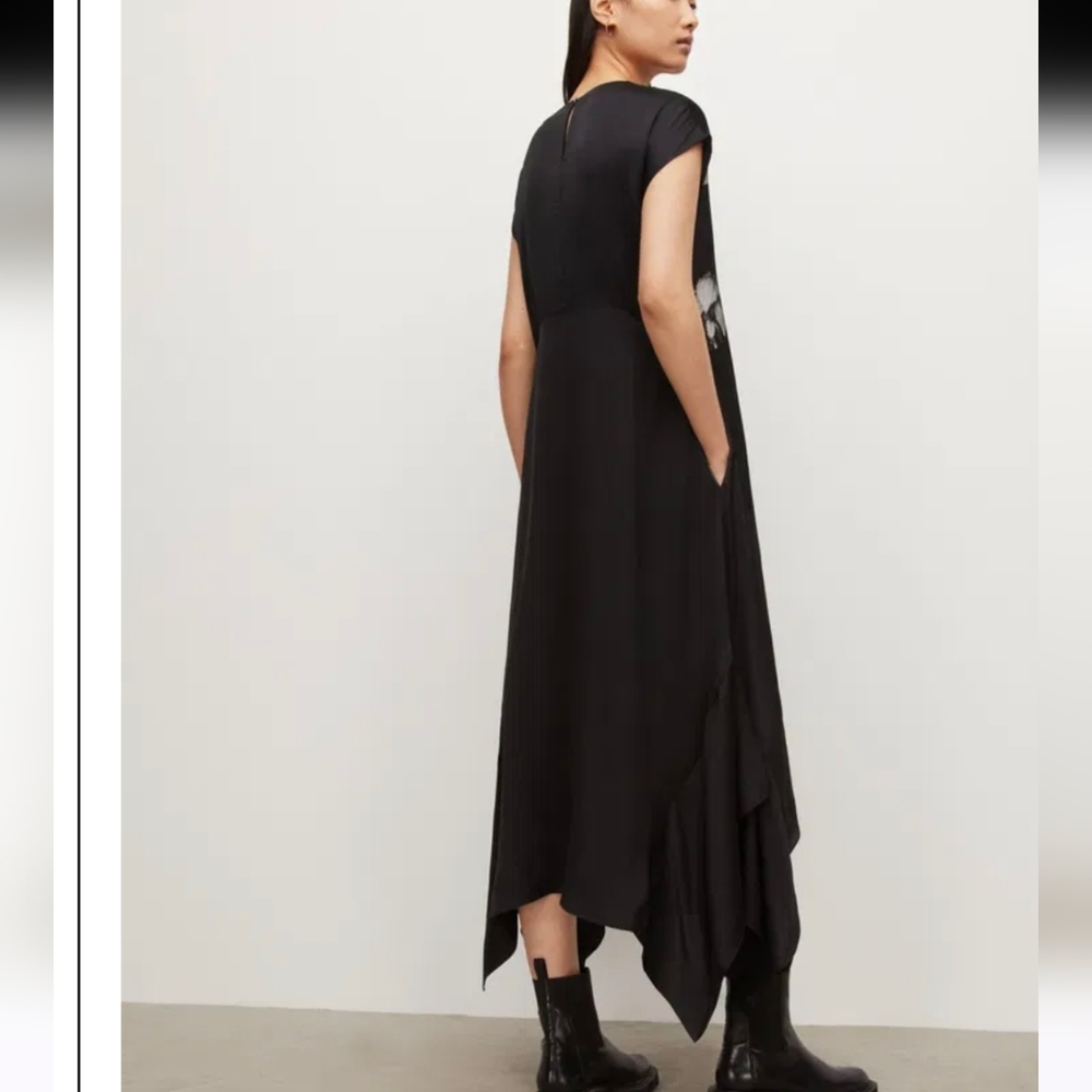 All Saints Black Asymmetrical Floral Midi Dress - Picture 2 of 11